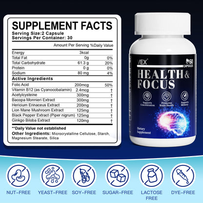 VEX Supplement – Memory & Clarity Support with Folic Acid, Vitamin B, Acetylcysteine, Bacopa Monnieri, Lion’s Mane, Ginkgo Biloba & Black Pepper – Cognitive, 60 Capsules VEXBuy Supplements Australia