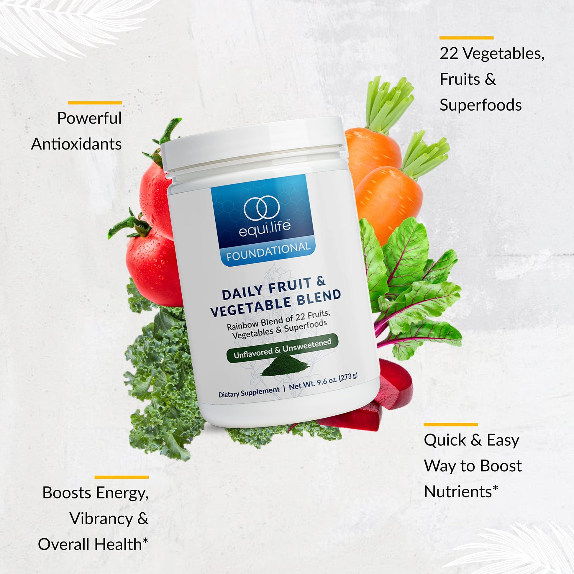 Equilife Daily Fruit & Vegetable Blend, Superfood Antioxidant Supplement with 22 Organic Fruits & Vegetables, Unflavored, Vitamin C, Fiber, 9 Essential Amino Acids, Supports Energy, 30 Servings Tub EquilifeBuy Supplements Australia