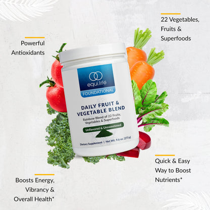Equilife Daily Fruit & Vegetable Blend, Superfood Antioxidant Supplement with 22 Organic Fruits & Vegetables, Unflavored, Vitamin C, Fiber, 9 Essential Amino Acids, Supports Energy, 30 Servings Tub EquilifeBuy Supplements Australia
