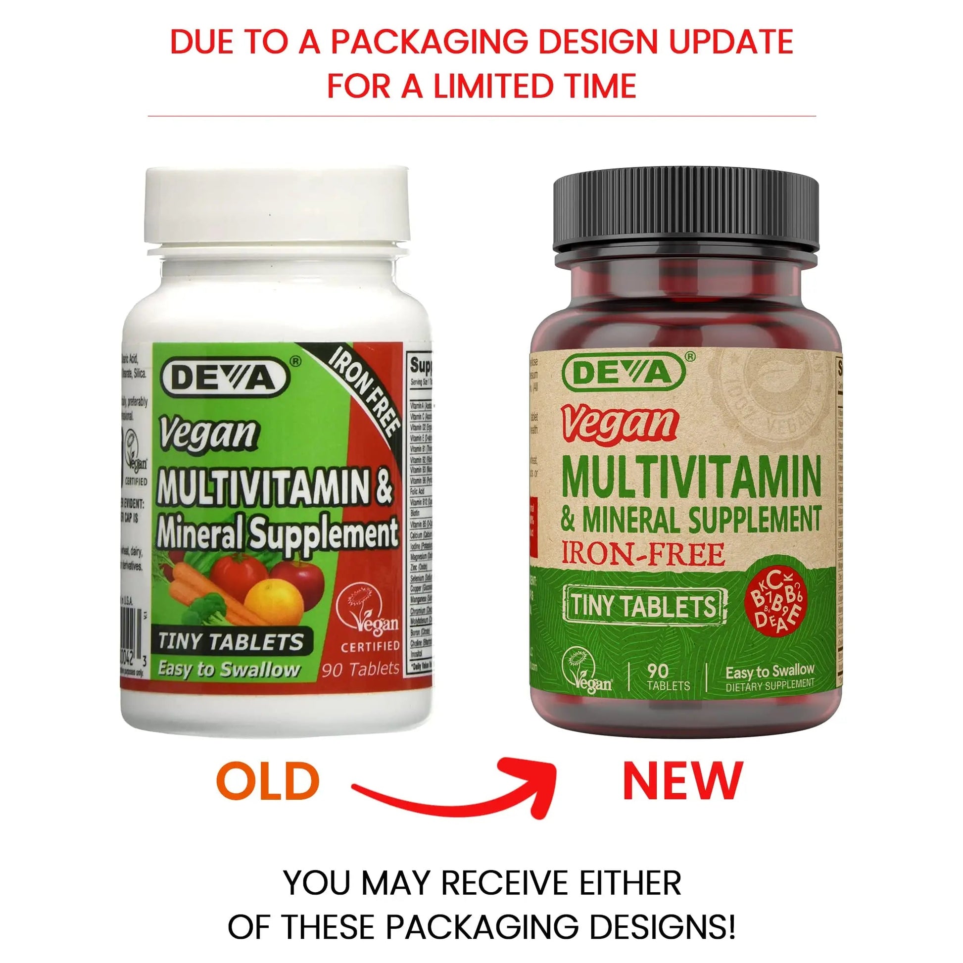 DEVA Vegan Iron-Free Multivitamin & Mineral Supplement, Vitamin C, D2, E & B-Complex, Biotin, 90 Tiny Tablets DEVA
