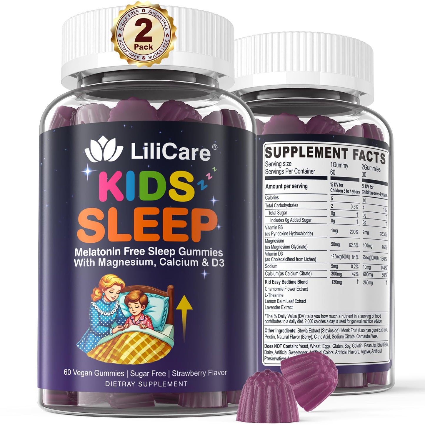 LILICARE Kids Sleep Gummies - Magnesium Glycinate Gummies, Melatonin Free Sleep Aid | Magnesium, Calcium, D3, B6, L Theanine | Kid Melatonin Alternative for Restful Sleep (Pack of 2) LILICAREBuy Supplements Australia