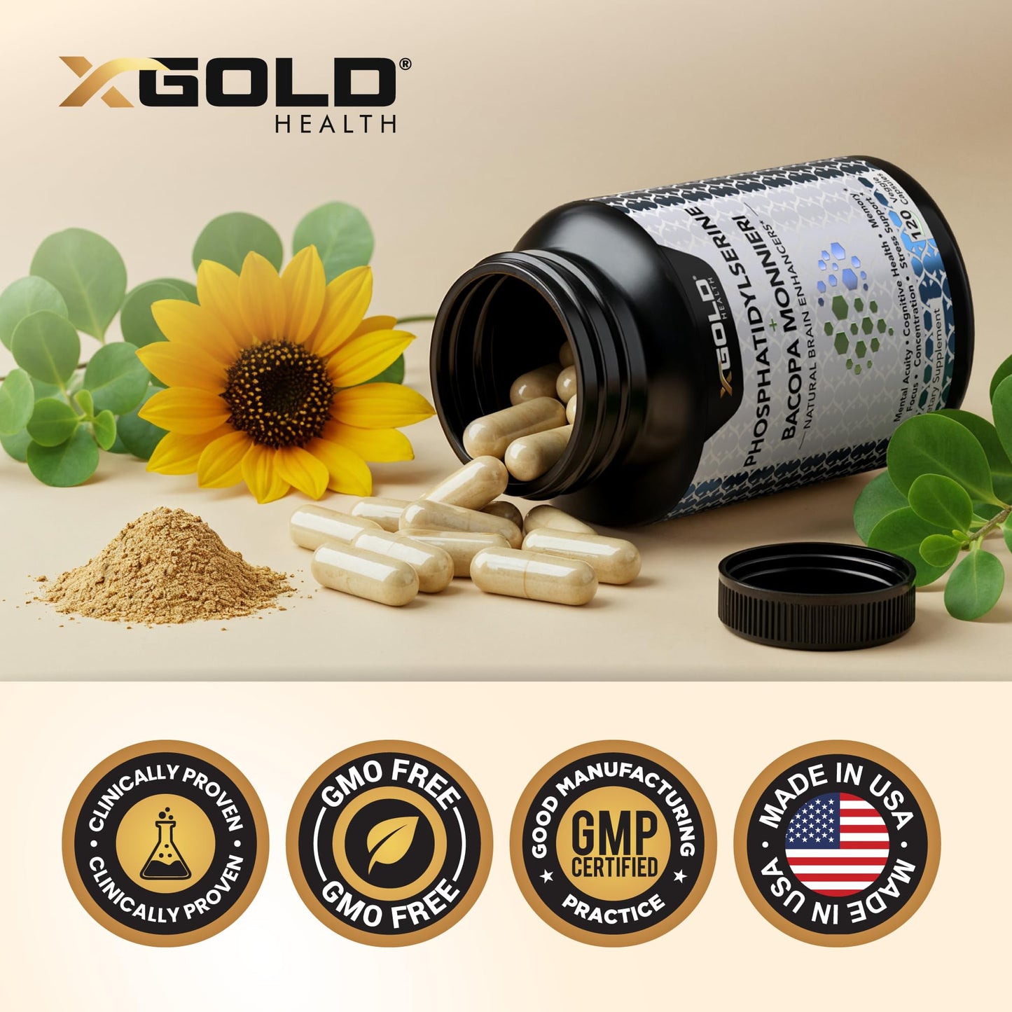 PhosphatidylSerine & Bacopa Monnieri 800 mg 2 in 1 Supplement - Natural Brain Enhancer/Nootropic for Enhanced Focus and Concentration, Memory Support, & Cognitive Function - 120 Vegetarian Capsules X Gold HealthBuy Supplements Australia