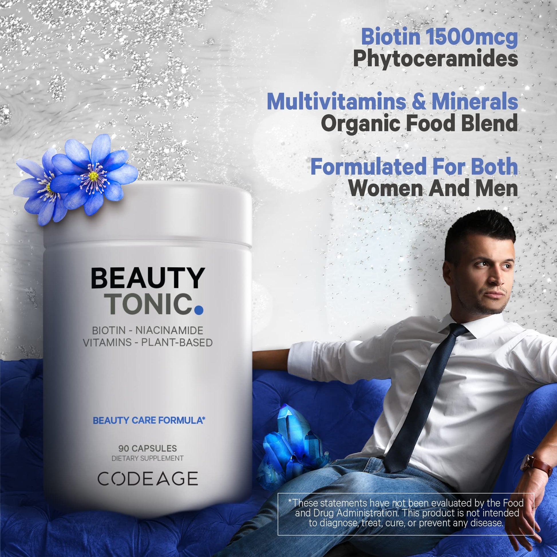 Codeage Biotin Supplement with Vitamin C, Vitamin E, Vitamin B6, Niacin, Folate, Organic Food Blend, Phytoceramides, Astaxanthin, Selenium - Beauty Tonic - Hair, Skin, and Nail Support - Vegan, 90 Ct CodeageBuy Supplements Australia