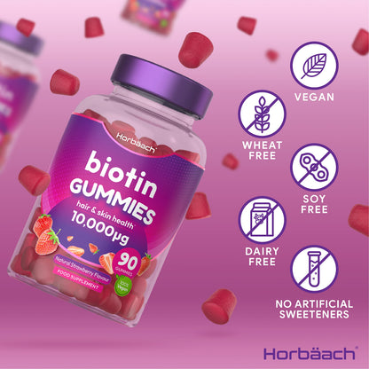Biotin Gummies 10,000mcg | 90 Vegan Vitamins | Natural Strawberry Flavour HorbäachBuy Supplements Australia