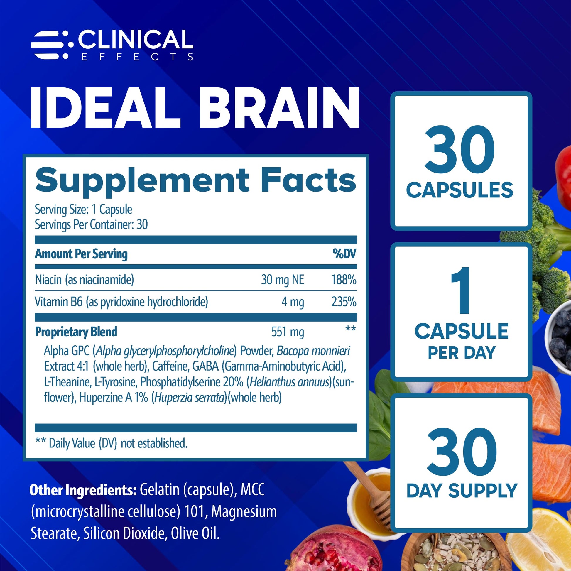 Clinical Effects Ideal Brain - Dietary Supplement for Nootropic Focus and Memory Support - 30 Capsules - B Vitamins, GABA, Alpha-GPC - Helps Support Mental Focus, and Optimal Brain Function Clinical EffectsBuy Supplements Australia