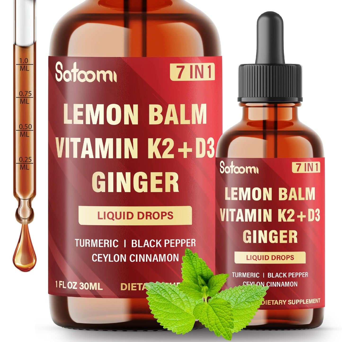 Satoomi 7in1 Lemon Balm Tincture with Vitamin D3, Vitamin K2, Ginger Root, Turmeric, Ceylon Cinnamon and Black Pepper - 1 FL Oz - 60 Day Supply SatoomiBuy Supplements Australia