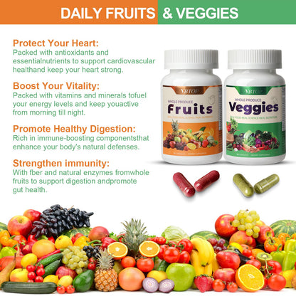 VBTOP Fruit & Vegetable Supplement - Natural Ingredients - 2 Bottles - 180 Capsules Total | A Blend of 20+19 Natural Whole Fruits & Vegetables, a Fresh superfood Formula Rich in Vitamins and Minerals VBTOPBuy Supplements Australia
