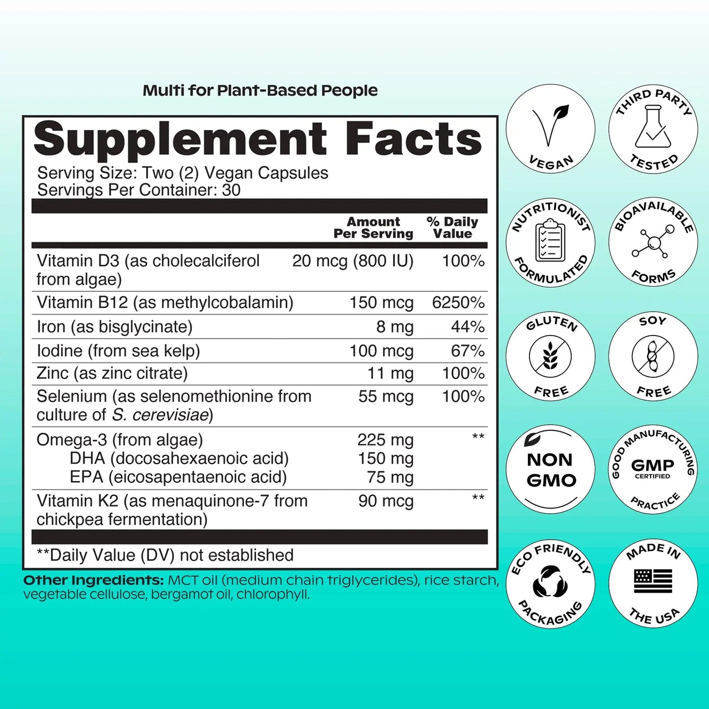 wholier Plant Based Multivitamin Vegan Omega-3 DHA EPA, Vitamin D, B12, Zinc, Vitamin K2, Iron, Iodine, Selenium wholier