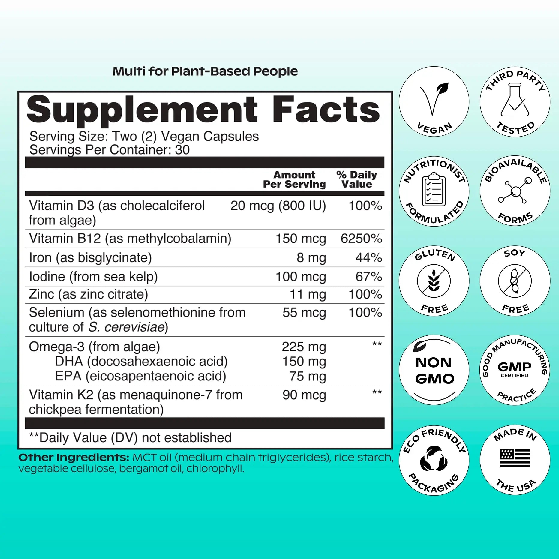 wholier Plant Based Multivitamin Vegan Omega-3 DHA EPA, Vitamin D, B12, Zinc, Vitamin K2, Iron, Iodine, Selenium wholier