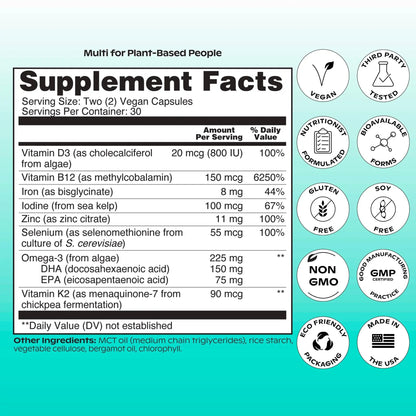 wholier Plant Based Multivitamin Vegan Omega-3 DHA EPA, Vitamin D, B12, Zinc, Vitamin K2, Iron, Iodine, Selenium wholier