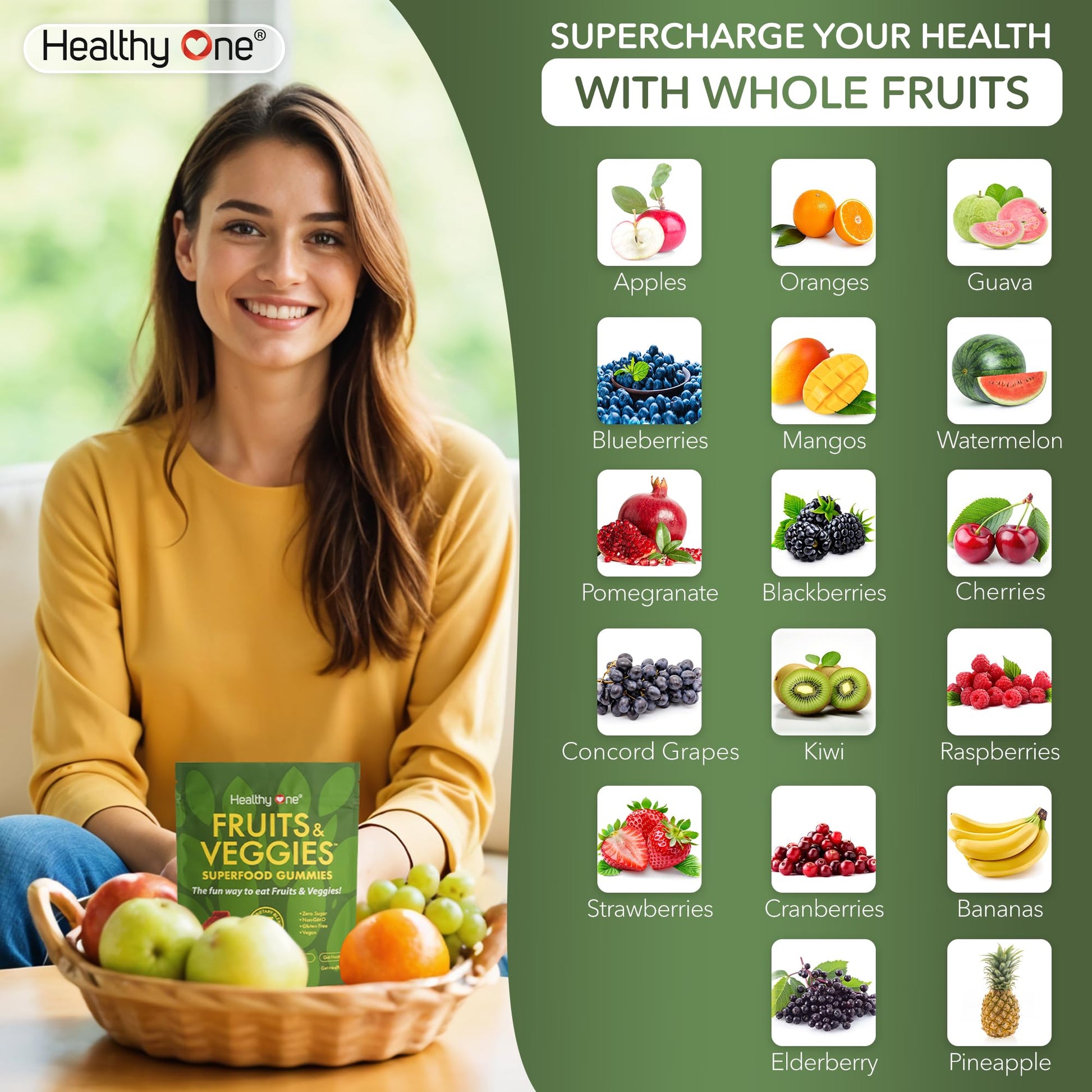 Fruits & Veggies Sugar-Free Gummies - 27 Whole Foods - Equals 3 Servings of Fruits & Vegetables - Improve Energy, Focus & Immune Function - Fiber - Antioxidants - Organic Ingredients - 14 Packets Healthy OneBuy Supplements Australia