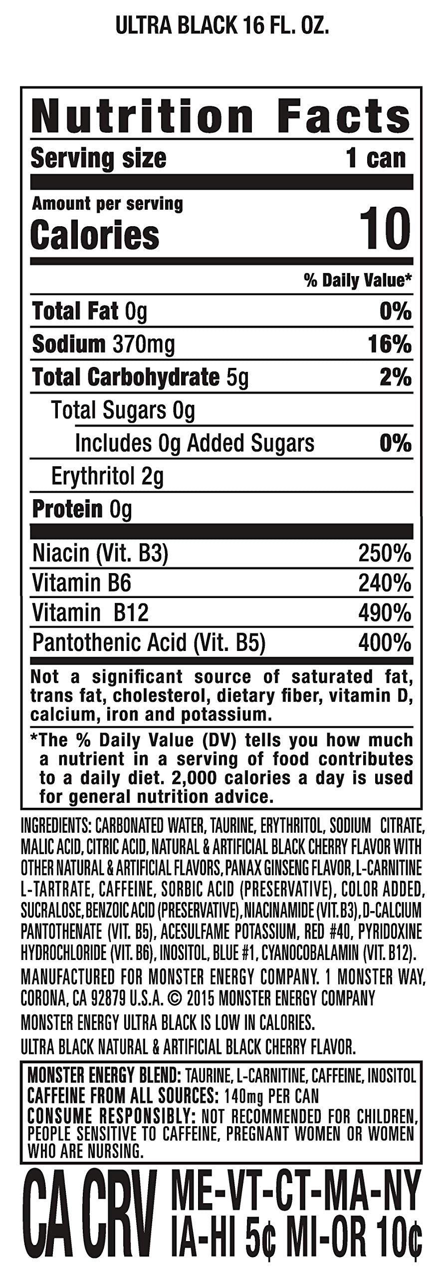 Monster Energy Ultra Black, Sugar Free Energy Drink, 16 Ounce (Pack of 15) Monster EnergyBuy Supplements Australia
