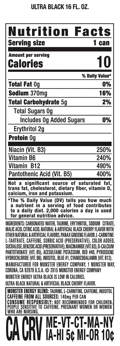 Monster Energy Ultra Black, Sugar Free Energy Drink, 16 Ounce (Pack of 15) Monster EnergyBuy Supplements Australia