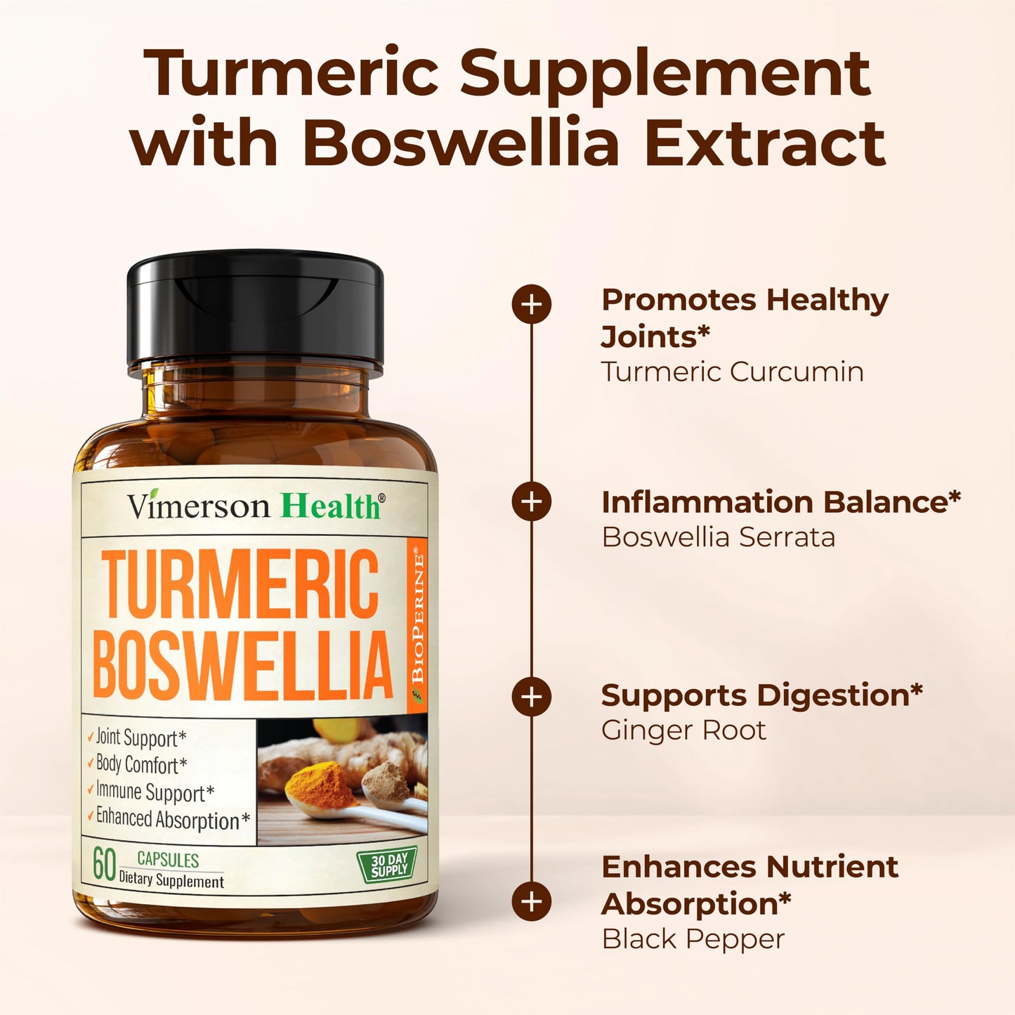 Turmeric Supplement w/Boswellia Serrata – Daily Support for Joint Health & Comfort – Organic Turmeric Curcumin Powder, Bioperine for Enhanced Absorption & Ginger Root – 60 Boswellia Extract Capsules Vimerson HealthBuy Supplements Australia