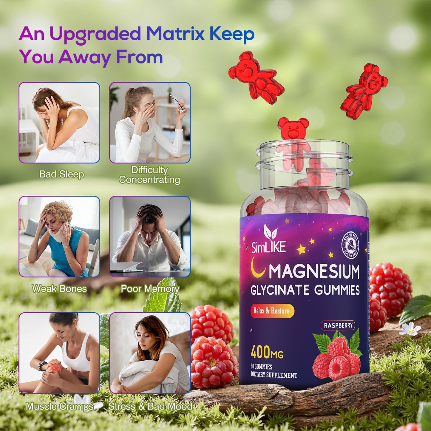 Magnesium Glycinate Gummies 400mg, High Absorption Magnesium Gummies with L-Theanine, Ashwagandha & GABA for Relaxation, Stress Relief & Slee