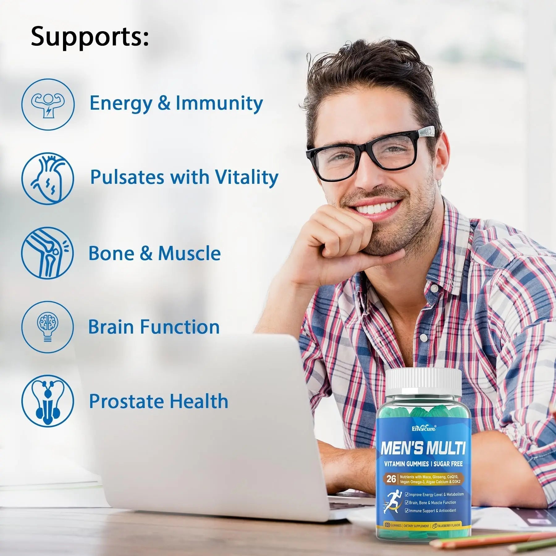 Methylated Multivitamin for Men Gummies, Vegan Omega 3, CoQ10, Zinc, Vitamin A C D3 K2 E B Complex, Calcium, Magnesium, Lycopene EnvyCureBuy Supplements Australia