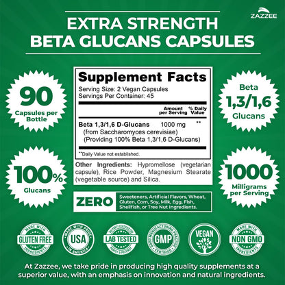 Zazzee Extra Strength 1,3/1,6 Beta Glucans, 1000 mg, 100% Concentrated, 90 Vegan Capsules, Supports a Healthy Immune System, 100% Vegetarian, All-Natural and Non-GMO ZazzeeBuy Supplements Australia