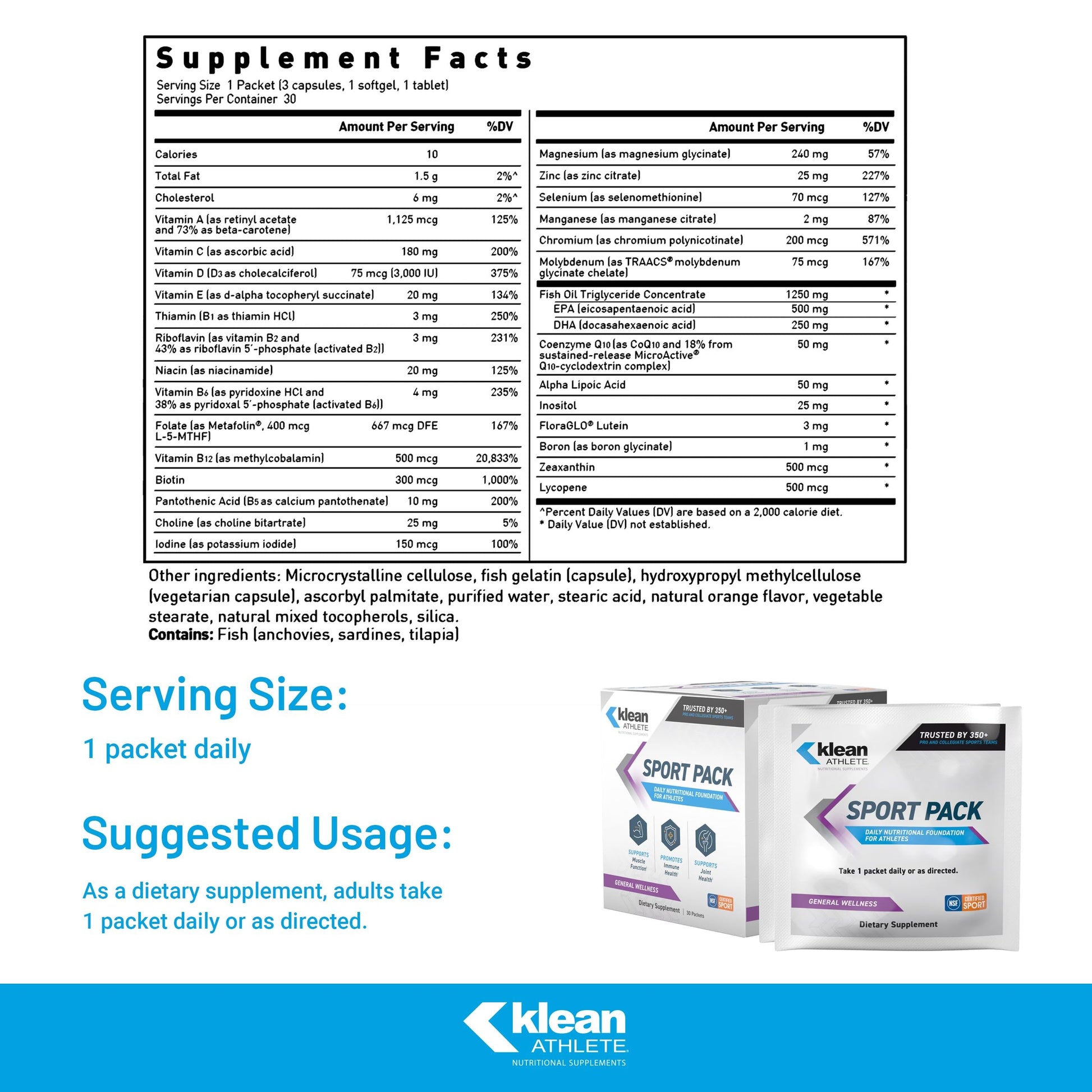 Klean Athlete Klean Sport Pack - Contains Magnesium Glycinate, Vitamin D & Omega-3 - Supports Muscle, Joint & Immune Health - NSF Certified - Daily Nutritional Supplement for Athletes - 30 Packets Klean AthleteBuy Supplements Australia