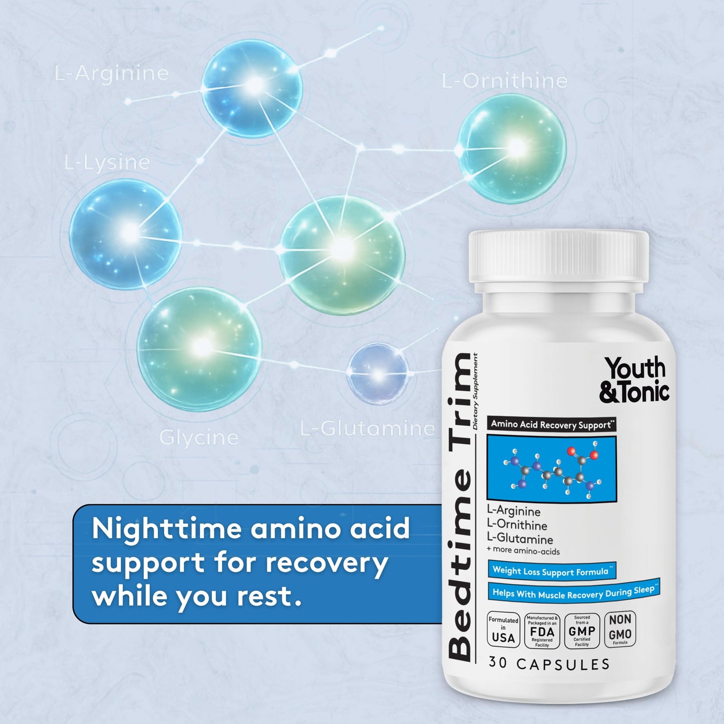 Youth & Tonic PM Bedtime Trim for Lean Appearance & Muscle Definition Support – Nighttime Amino Acids Supplement for Overnight Recovery, Men & Women, 30 Capsules Youth & TonicBuy Supplements Australia