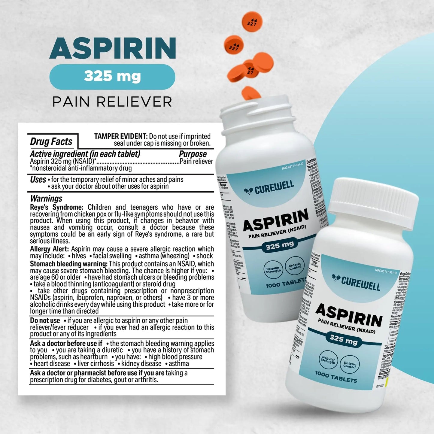 CUREWELL Enteric Coated Aspirin Tablets 325mg (1000 Count) NSAID Pain Reliever & Fever Reducer Coated Aspirin for Adults - Regular Strength for Headache Arthritis Menstrual & Muscle Pain CUREWELLBuy Supplements Australia