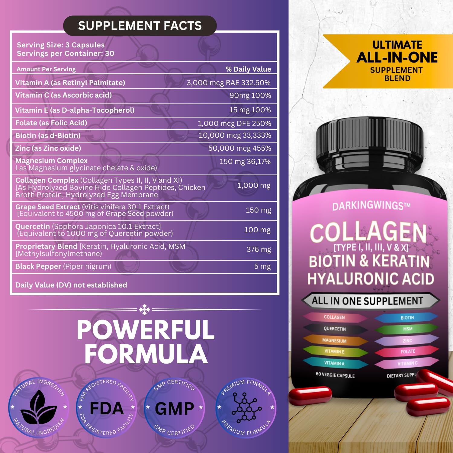 Multi Collagen Pills Peptides Types I, II, III, V & X MCG Biotin Keratin Hyaluronic Acid MSM Vitamin C Zinc Magnesium with Grape Seed Extract, Quercetin - Hair Skin and Nails Vitamins Capsule DarkingwingsBuy Supplements Australia