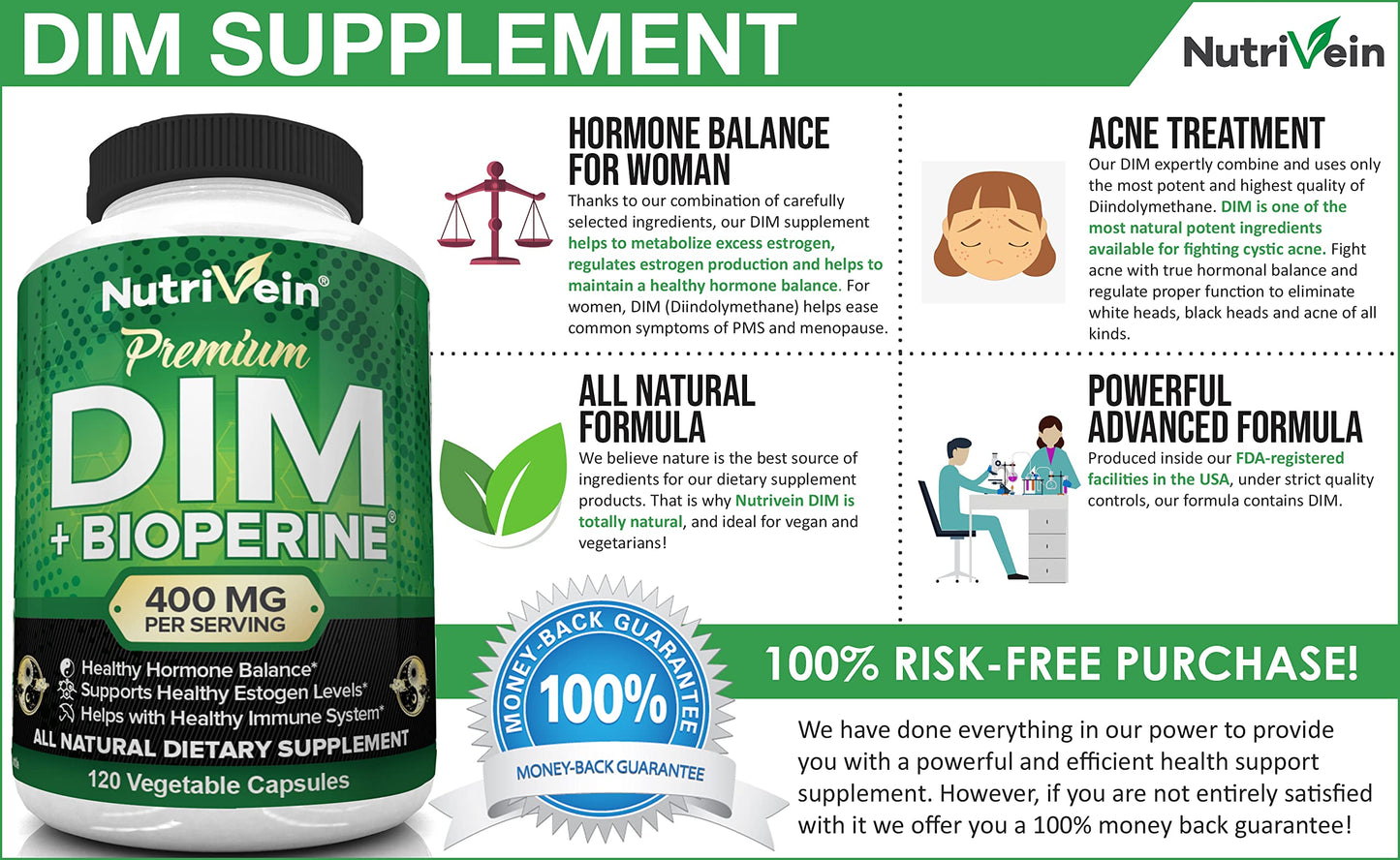 Nutrivein DIM Supplement 400mg Diindolylmethane Plus Bioperine - Maintain Hormone NutriveinBuy Supplements Australia