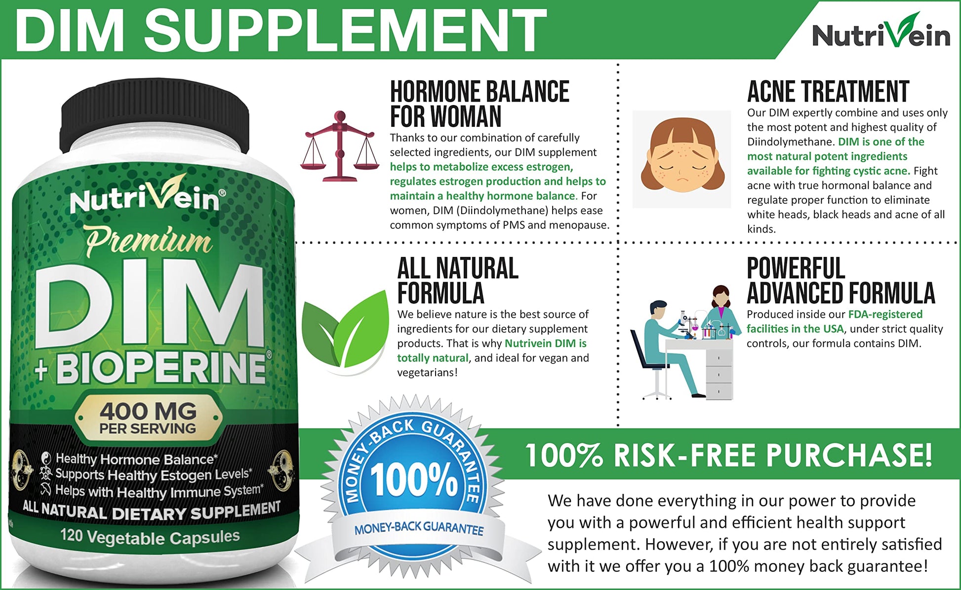 Nutrivein DIM Supplement 400mg Diindolylmethane Plus Bioperine - Maintain Hormone NutriveinBuy Supplements Australia