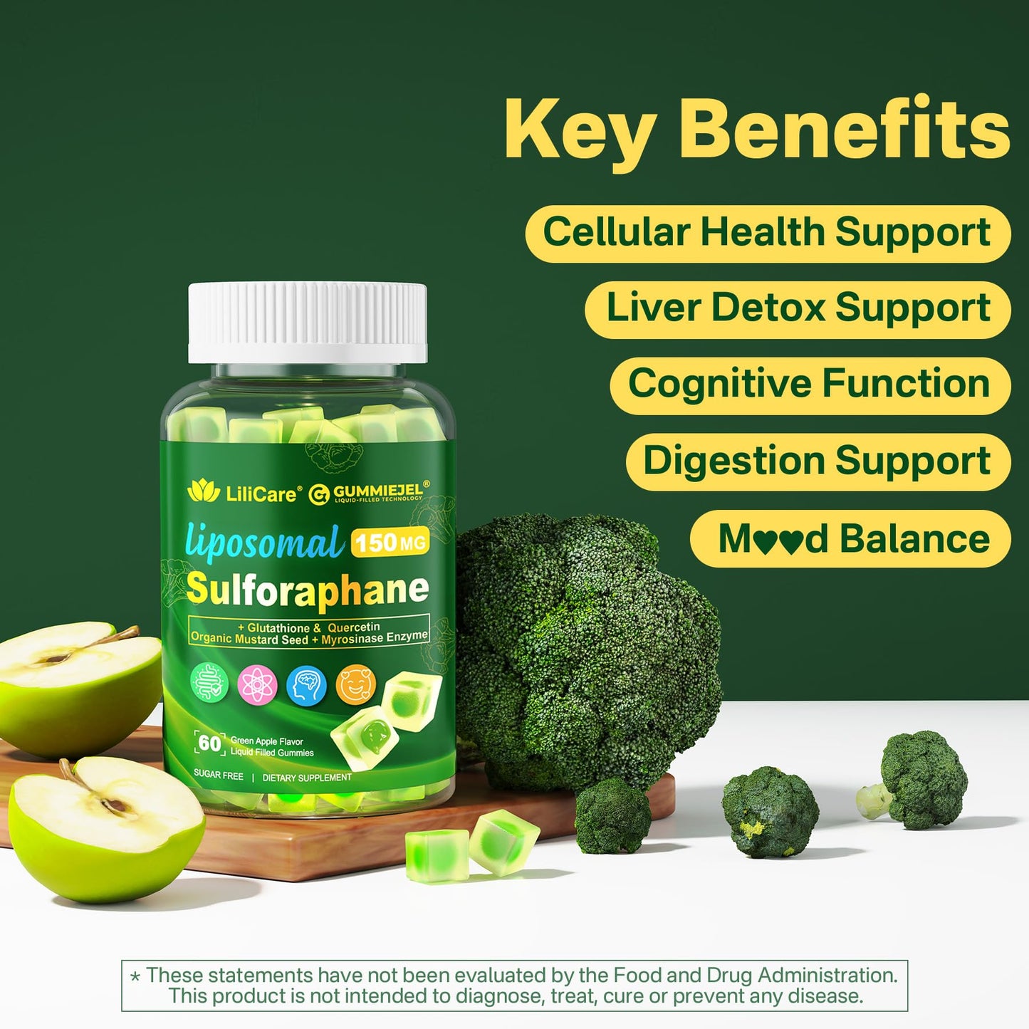 Liposomal Sulforaphane Supplement 150mg, from Broccoli Seed Extract w/Myrosinase, Quercetin, Glutathione, Sulforaphane Supplement Gummies for Antioxidants Detox Cellular Brain Health, Chewable 60Cts LILICAREBuy Supplements Australia