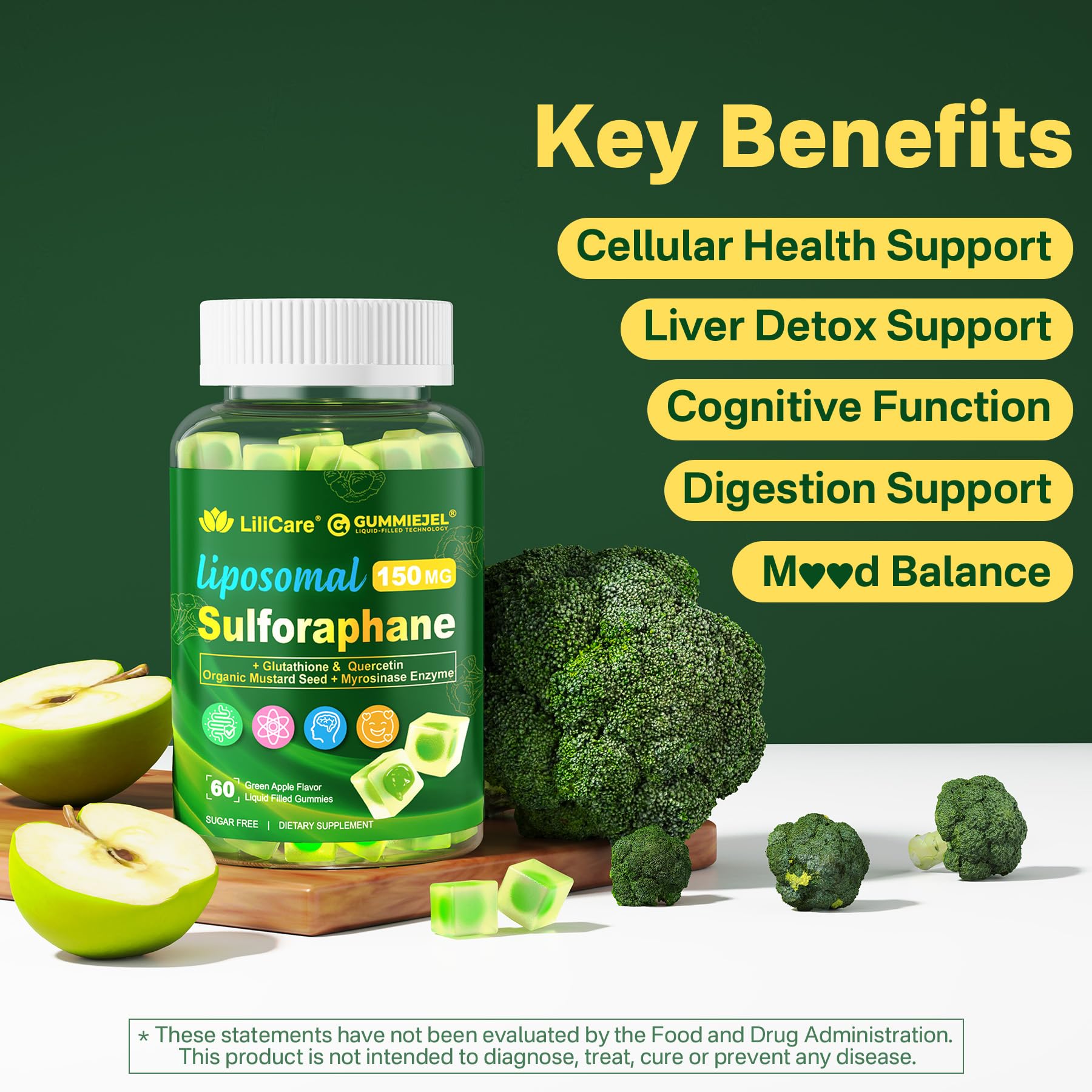 Liposomal Sulforaphane Supplement 150mg, from Broccoli Seed Extract w/Myrosinase, Quercetin, Glutathione, Sulforaphane Supplement Gummies for Antioxidants Detox Cellular Brain Health, Chewable 60Cts LILICAREBuy Supplements Australia