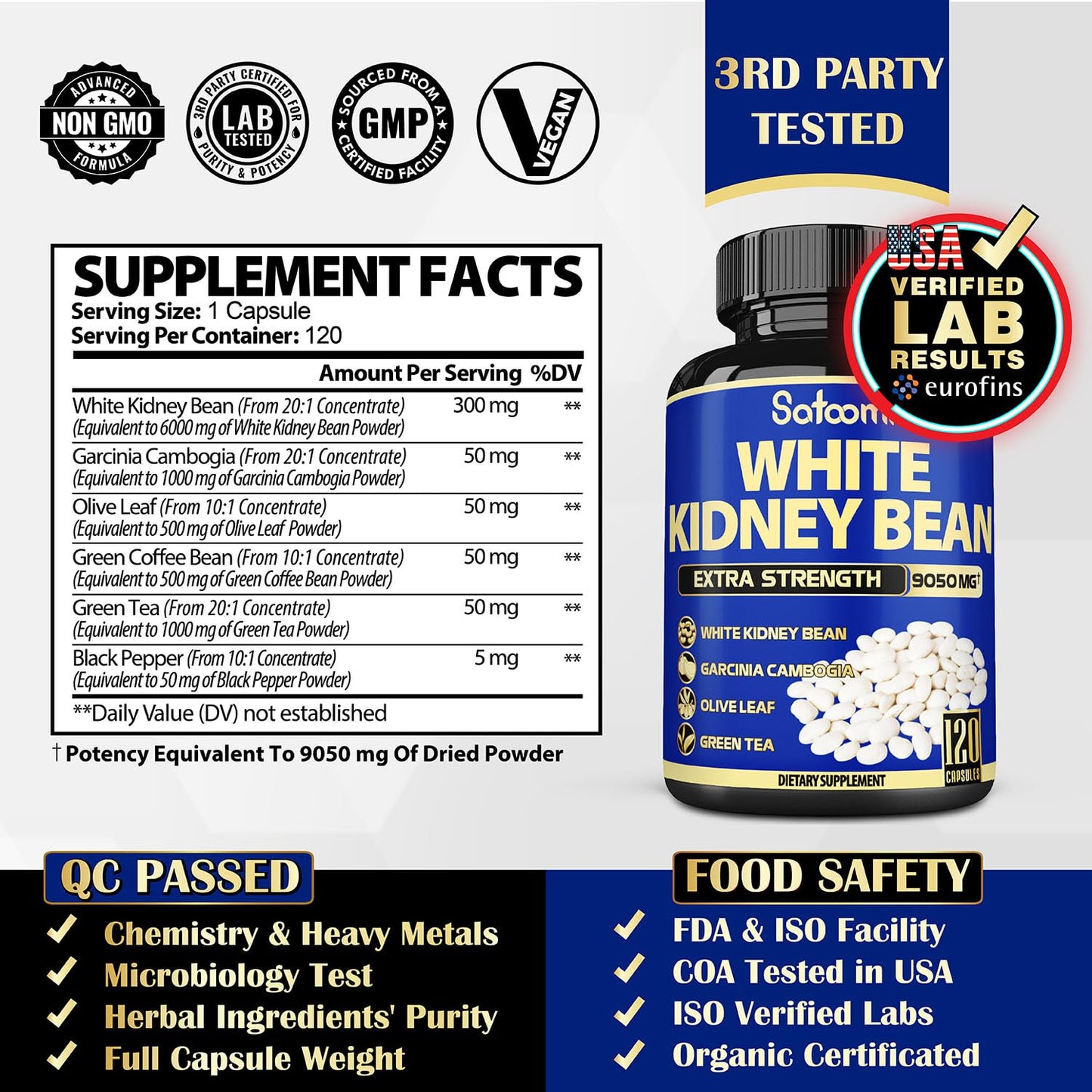 6in1 White Kidney Bean Extract Capsules 9050 Mg - with Garcinia Cambogia, Olive Leaf SatoomiBuy Supplements Australia