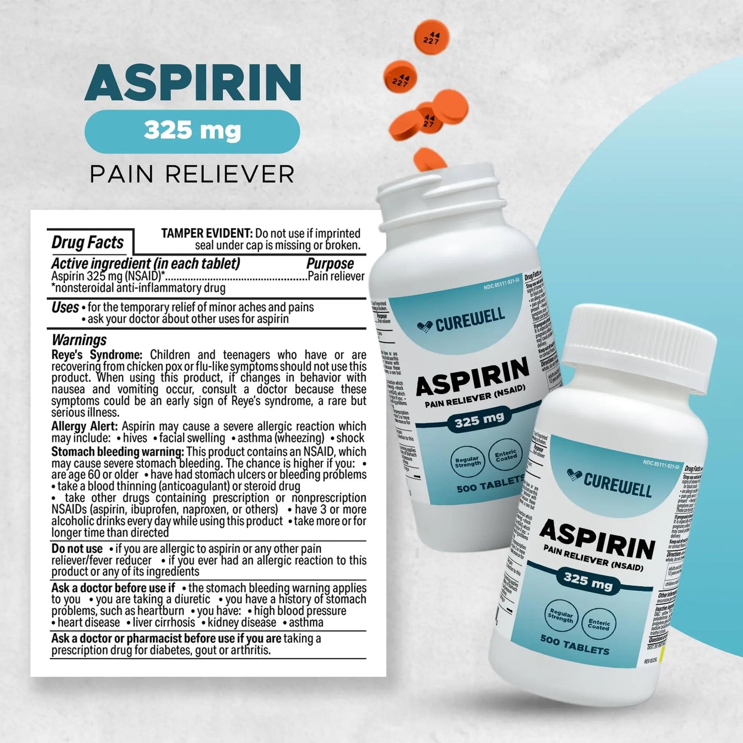 CUREWELL Enteric Coated Aspirin Tablets 325mg (500 Count) NSAID Pain Reliever & Fever Reducer Coated Aspirin for Adults - Regular Strength for Headache Arthritis Menstrual & Muscle Pain CUREWELLBuy Supplements Australia
