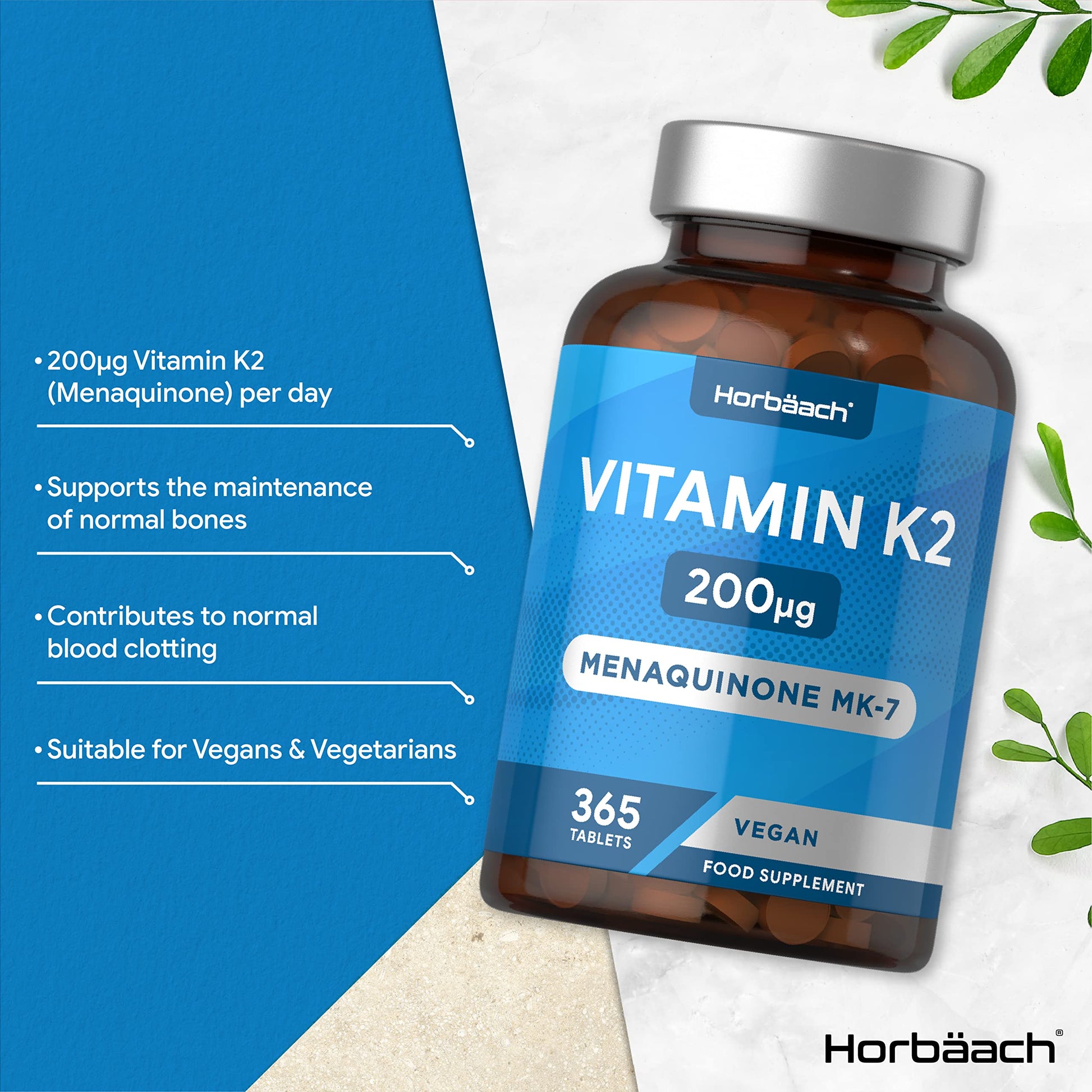 Vitamin K2 MK7 200ug | 365 Vegan Tablets | High Strength Menaquinone MK-7 HorbäachBuy Supplements Australia