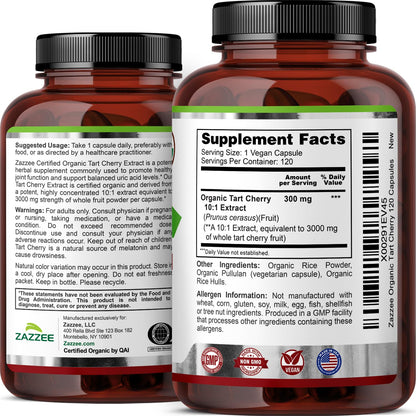 Zazzee USDA Organic Tart Cherry 10:1 Extract, 120 Vegan Capsules, 4 Month Supply, Montmorency Cherry, Daily Wellness Antioxidant Support, Organic Herbal Supplement, All-Natural, Non-GMO, Made in USA ZazzeeBuy Supplements Australia