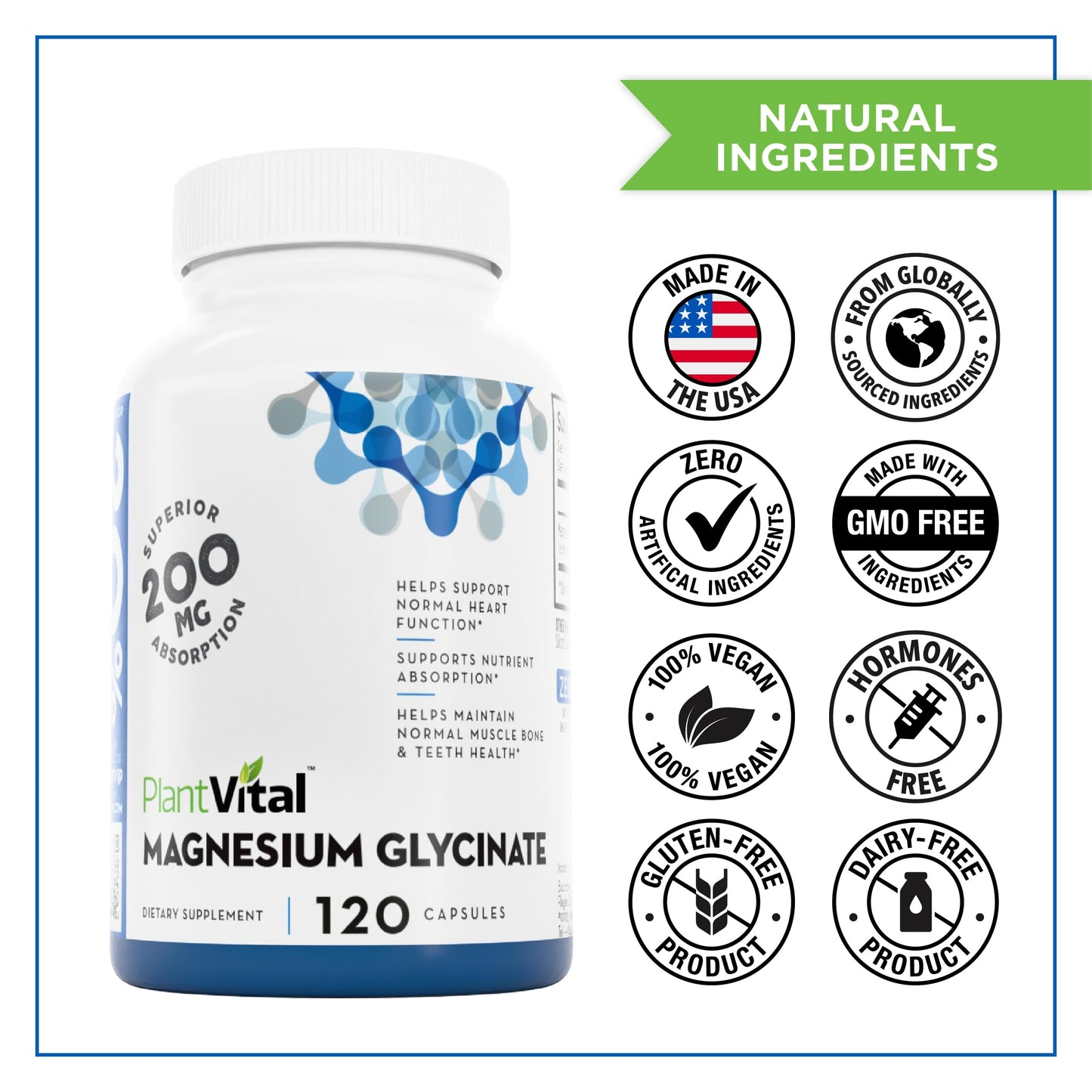 PlantVital Magnesium Glycinate 200mg - Supports Restful Sleep, Muscle & Nerve Function, Normal Heart & Bone Health - Feel Calm & Relax - Vegan, Third Party Tested, Gluten Free, Non-GMO - 120 Capsules PlantvitalBuy Supplements Australia