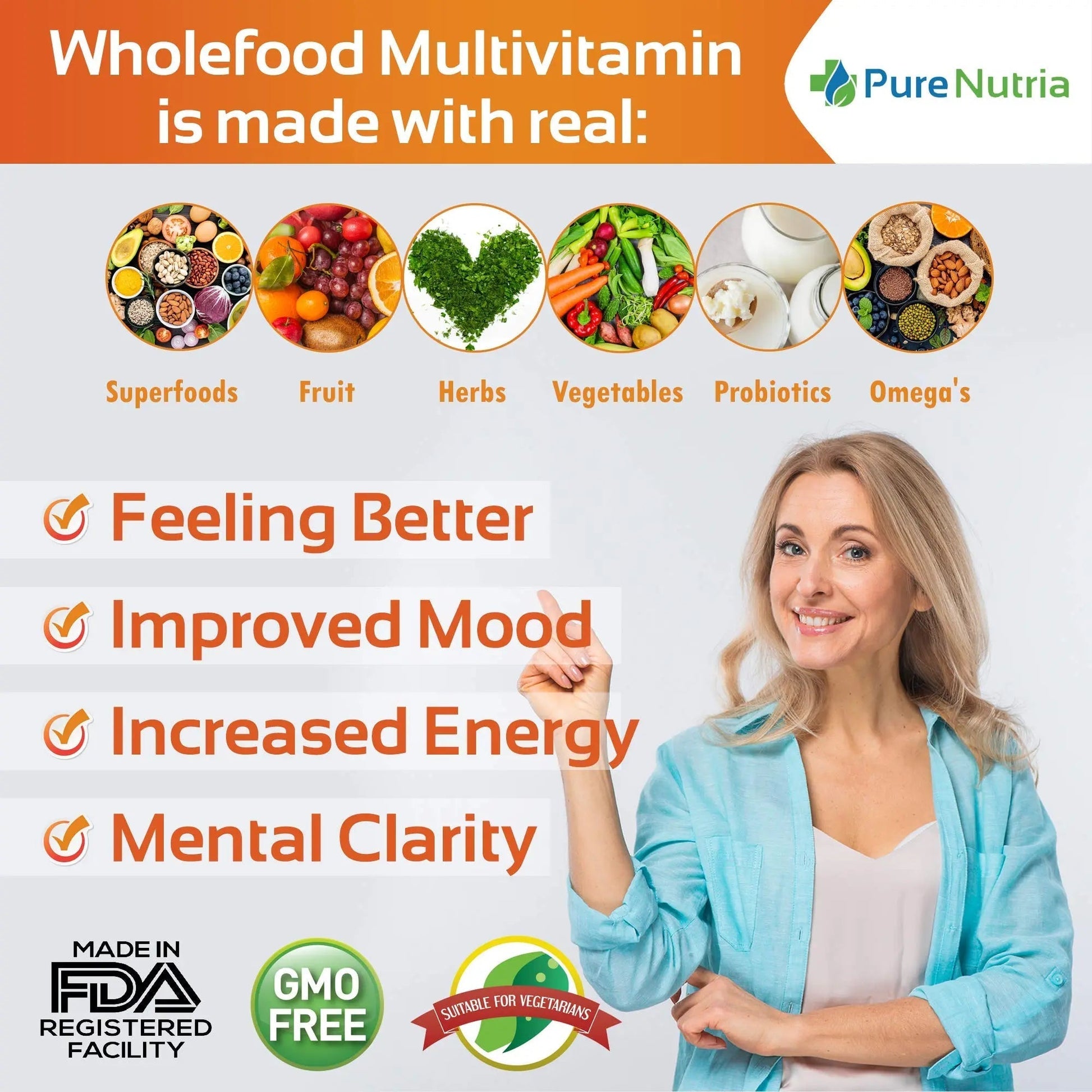 Whole Food MultiVitamin and Minerals with Probiotic Enzymes - 120 Multivitamins for Women and Men - Packed with WholeFood and Herbal Ingredients PureNutria