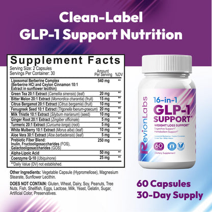 Revion LABS GLP-1 Support Weight Loss Supplement - Natural Appetite Suppressant for Women Men - Berberine Support Activate Hunger Control Curb Cravings Boost Metabolism Fat Burn & Gut Health Revion LABSBuy Supplements Australia