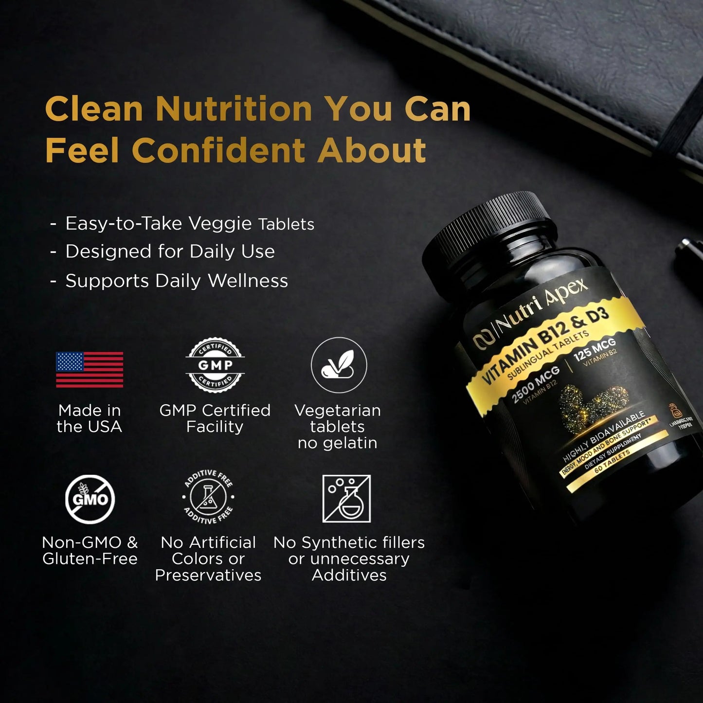 Nutri Apex Vitamin B12 & D3 Sublingual Tablets - 2500 mcg B12 & 125 mcg (5000 IU) D3 - Highly Bioavailable for Energy, Mood & Bone Health - Lab-Tested Nutri ApexBuy Supplements Australia