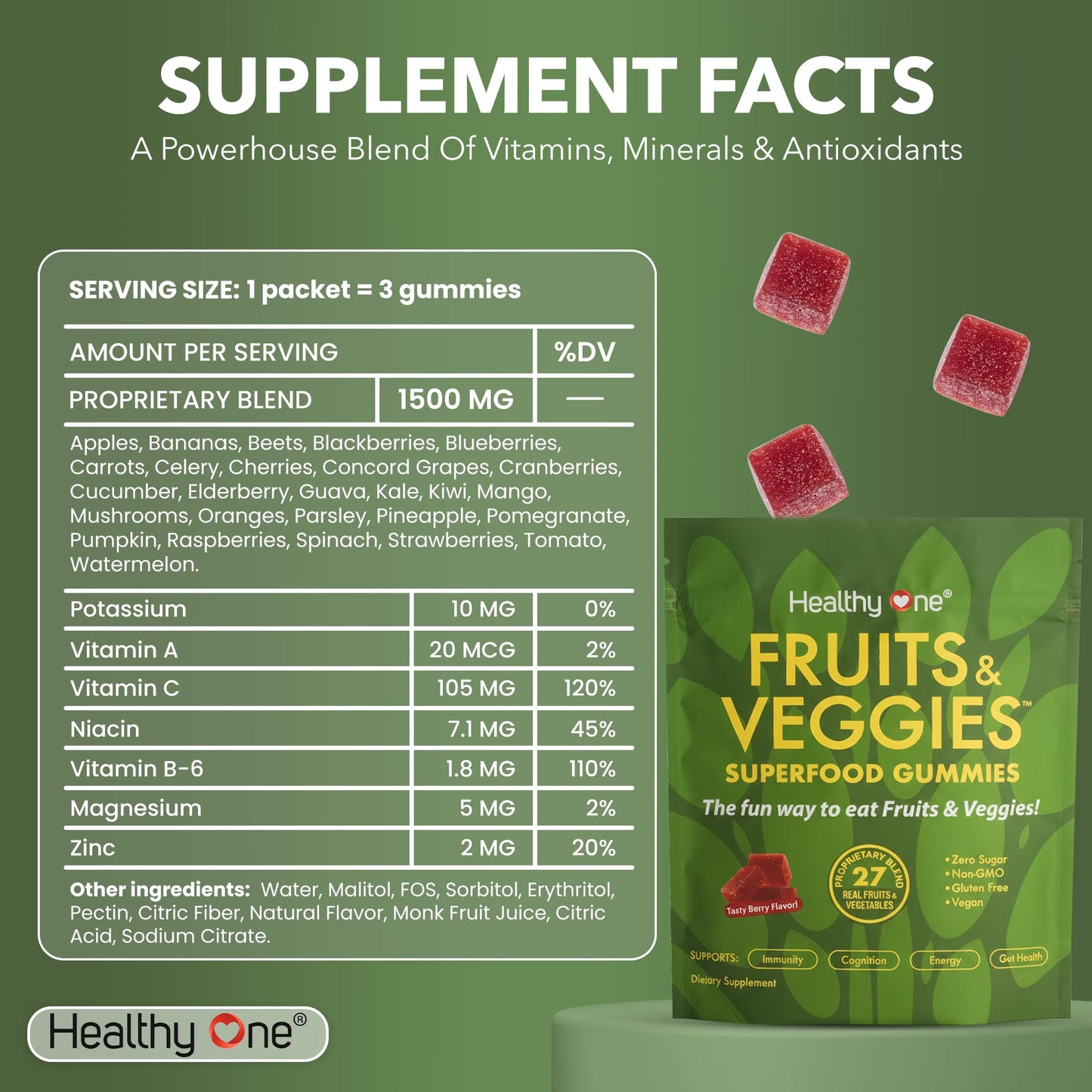 Fruits & Veggies Sugar-Free Gummies - 27 Whole Foods - Equals 3 Servings of Fruits & Vegetables - Improve Energy, Focus & Immune Function - Fiber - Antioxidants - Organic Ingredients - 28 Packets Healthy OneBuy Supplements Australia