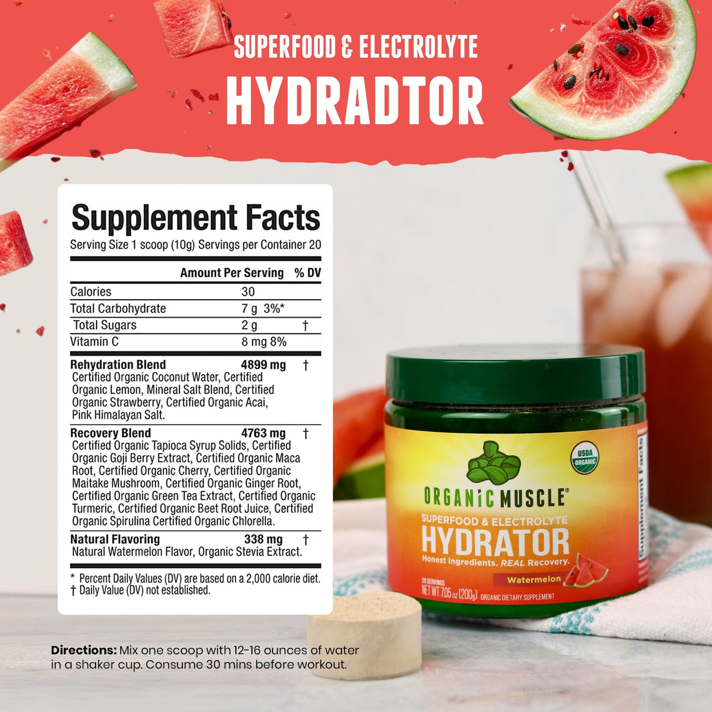 Organic Muscle Hydrator | Natural Electrolyte Powder for Peak Performance & Recovery - Watermelon Flavor, 20 Servings Organic MuscleBuy Supplements Australia