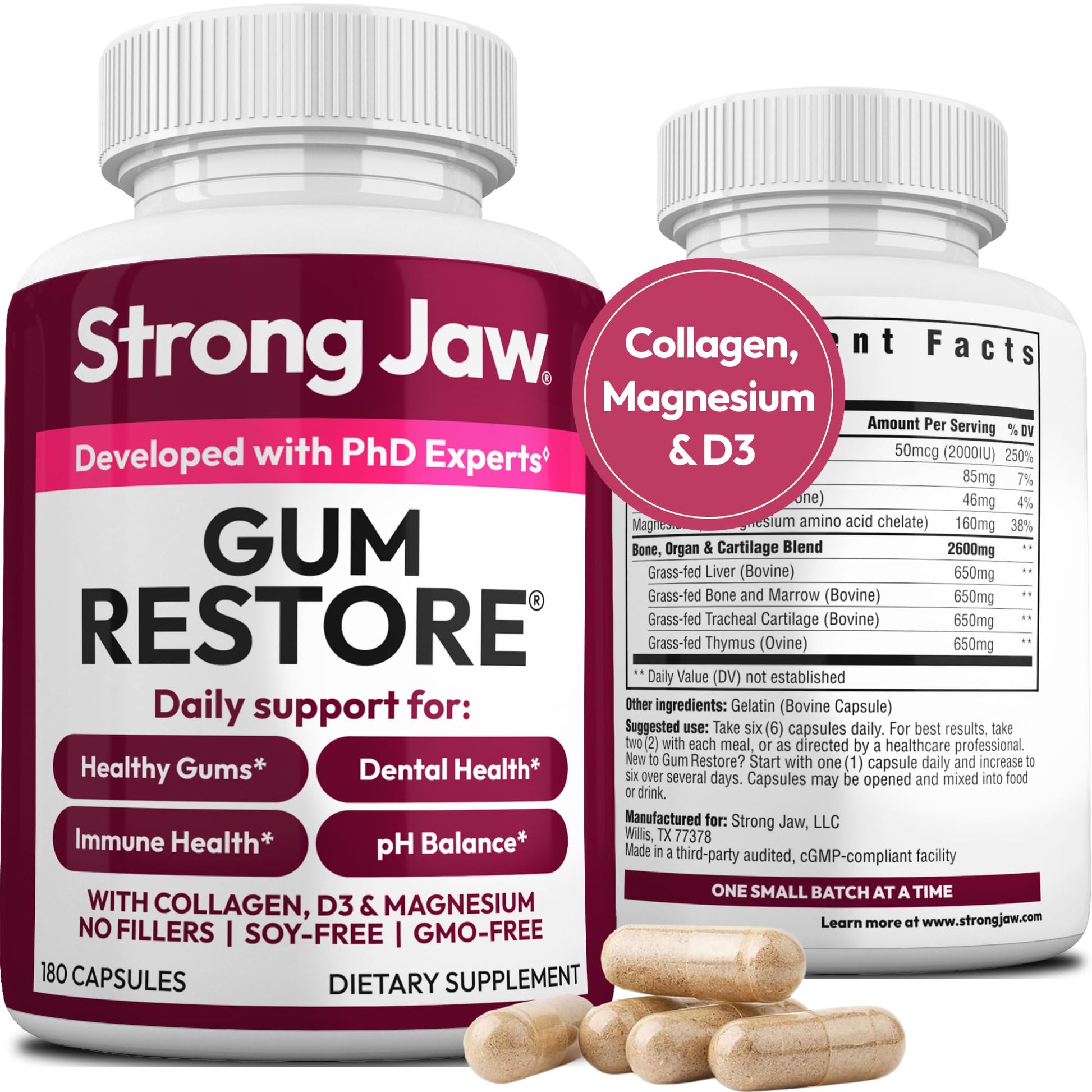 Strong Jaw Gum Restore - Gum Repair for Receding Gums | Teeth Magnesium Supplements, Oral Care, Remineralizing Dental Health Vitamins for Adults | 1 Month Supply, 180 Capsules, Made in USA Strong JawBuy Supplements Australia