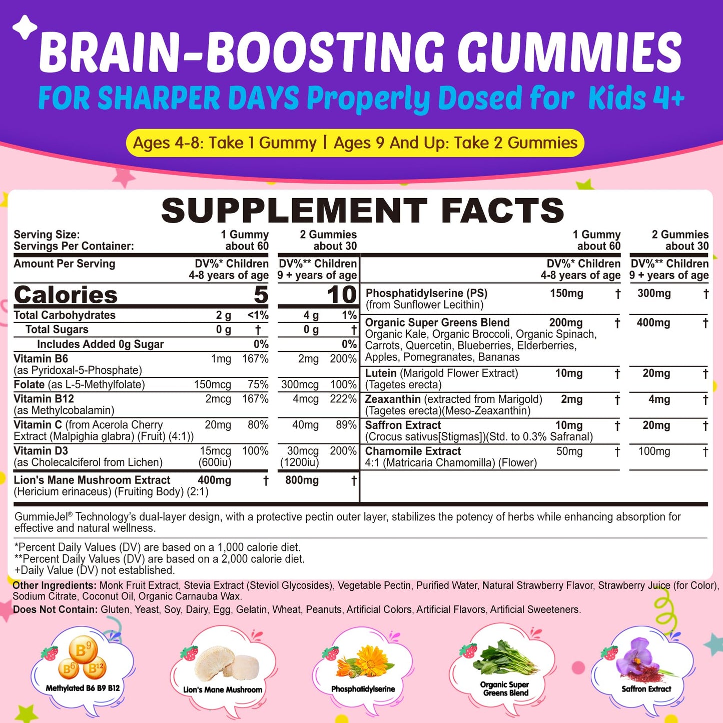 Kids Brain Gummies with Lion's Mane Mushroom, Methyl B6, B9, B12, Supper Greens, Lutein, Brain Booster Supplement for Focus & Attention, Cognitive Function, Vision & Energy, Sugar Free, Vegan 2 Pack NextdiaBuy Supplements Australia