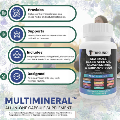 Trisundi Sea Moss Complex with Black Seed Oil, Ashwagandha & Burdock Root – All-in-One Herbal Supplement with Vitamins & Minerals – 60 Capsules TrisundiBuy Supplements Australia