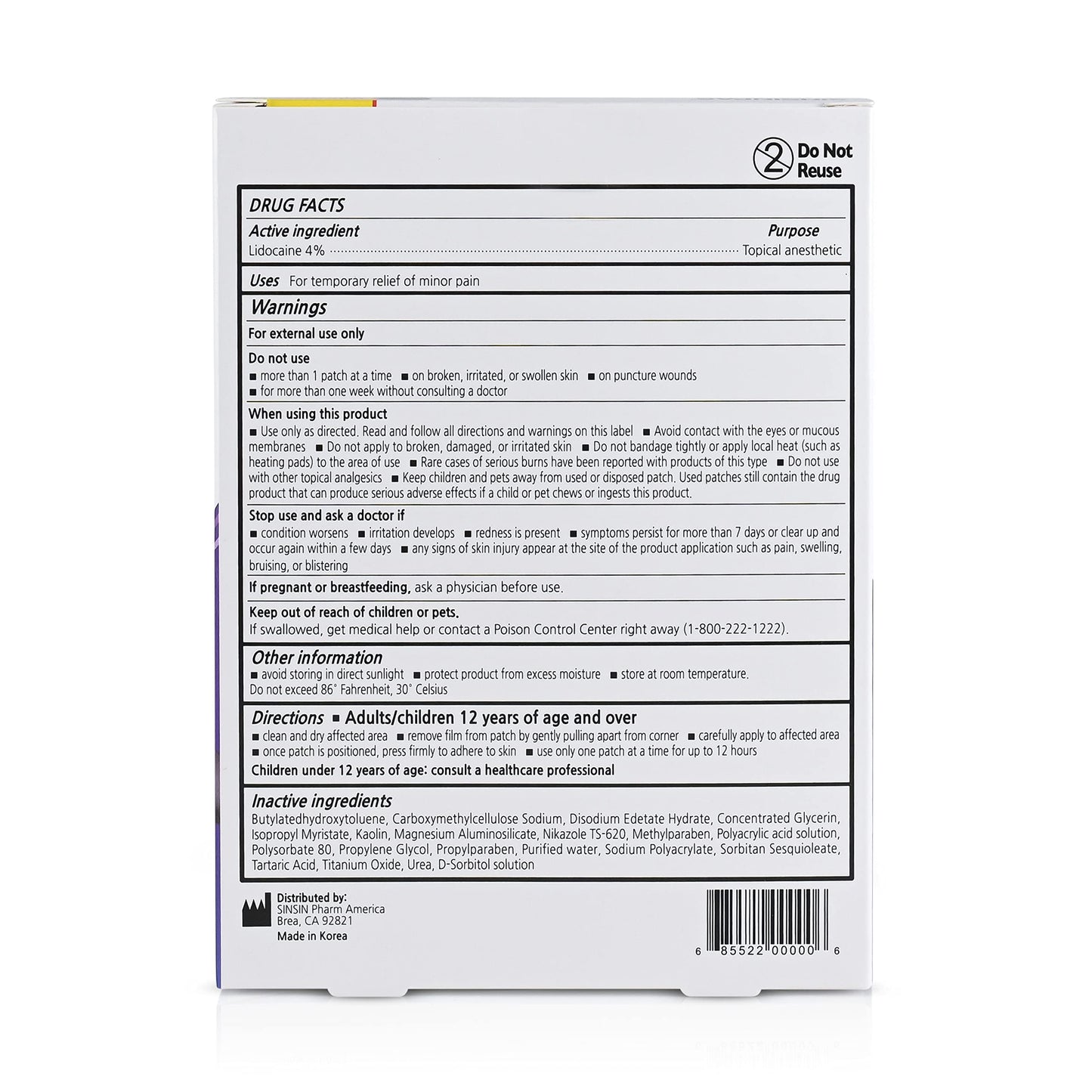 SINSINPAS Lidocaine 4% Pain Relieving Patch (1 Pack (5 Patches Total)) SINSINPASBuy Supplements Australia