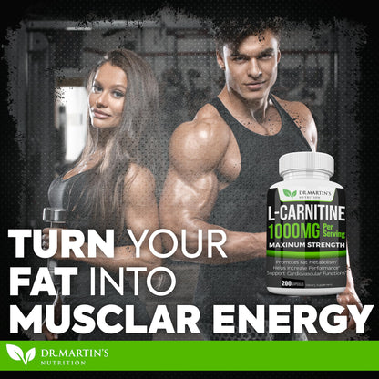 DR. MARTIN'S NUTRITION Extra Strength L-Carnitine - 200 Capsules - 1000mg Per Serving - Boost Your Metabolism and Increase Performance