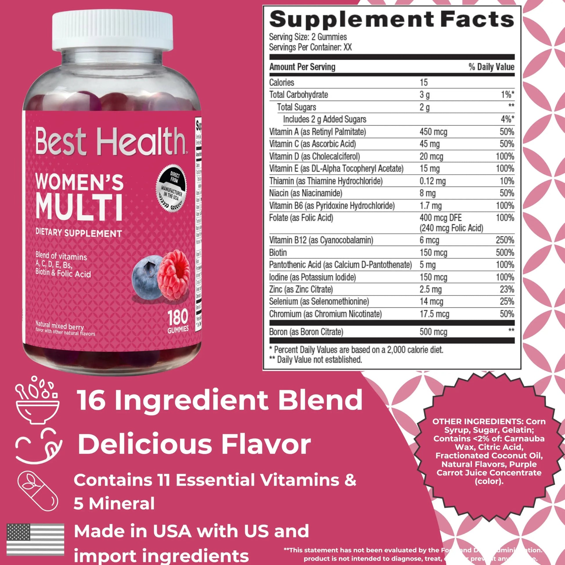 Best Health Women’s Multivitamin Gummies, Multivitamin for Women with Biotin, Folic Acid, Vitamins A,C,D,E,Natural Mixed Berry Flavor (180ct) Best HealthBuy Supplements Australia