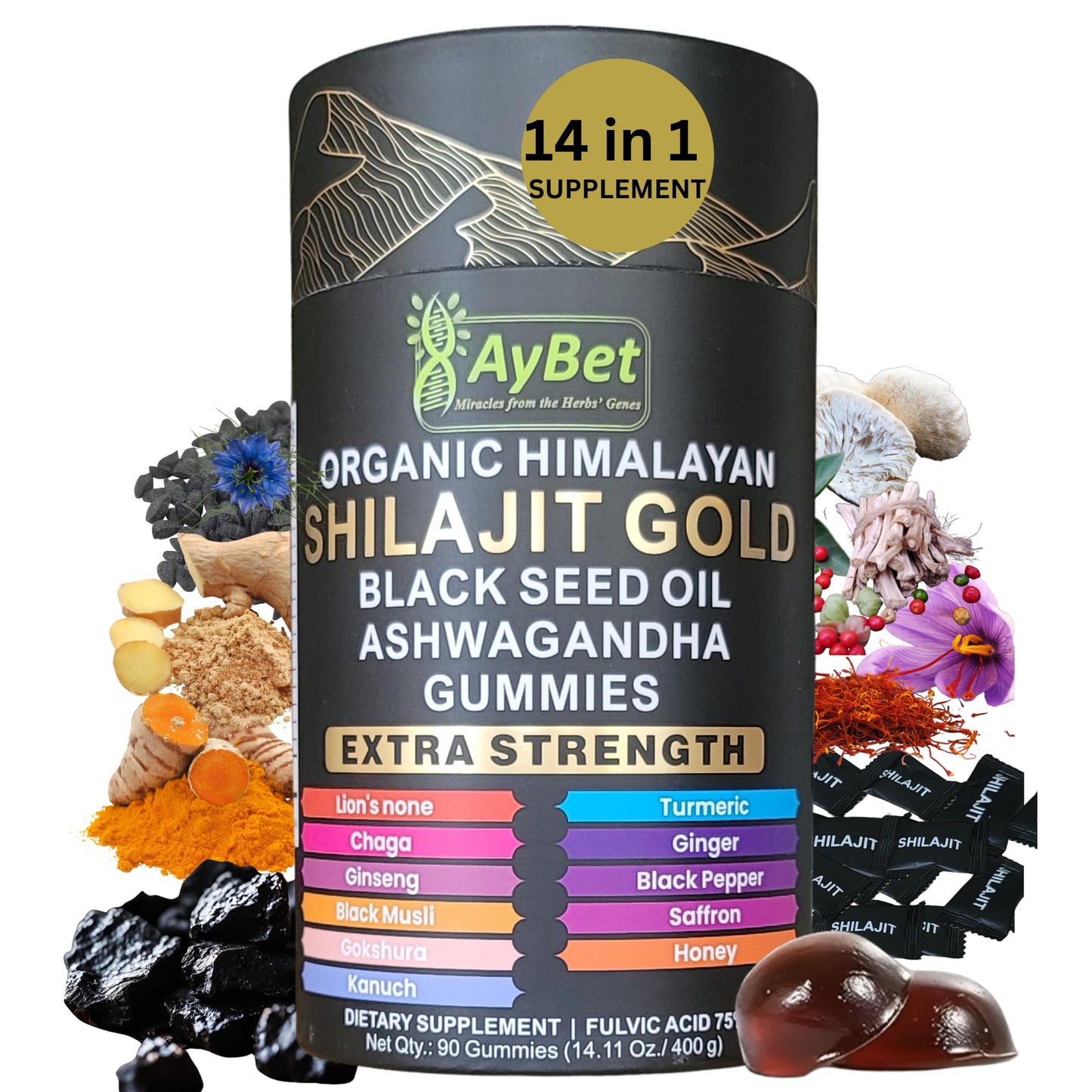 AyBet Organic Himalayan Shilajit Gold Gummies for Men and Women, Black Seed Oil, Ashwagandha, Ginseng, Turmeric, Gokshura, Lion's None, Lab Tested,%75 Fulvic Acid, No Sugar Added, Halal, 90Gummy AyBetBuy Supplements Australia