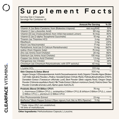 Codeage Clearface Pantothenic Acid, Niacin Supplement, Vitamins A, C, D3, E, Probiotics, Zinc, Riboflavin, Thiamin, L-Lysine HCL & Omega-3, Niacinamide, Skin Botanical Blend - Non-GMO - 90 Capsules CodeageBuy Supplements Australia