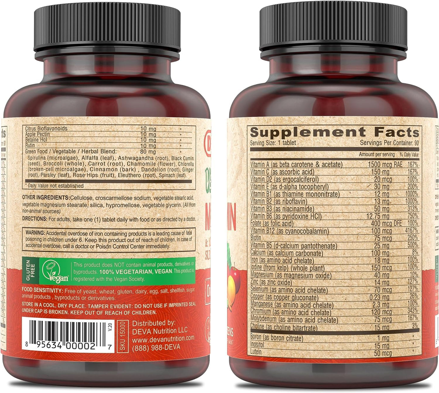 DEVA Vegan Multivitamin & Mineral Supplement with Iron 2-Pack, Spirulina, Chlorella, Ashwagandha, Broccoli & More, 90 Coated Tablets Each DEVABuy Supplements Australia