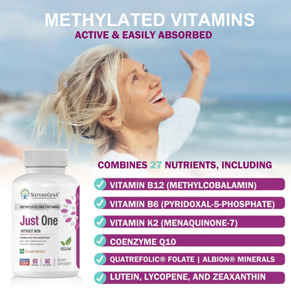 NatureGenX Just One Daily Methylated Multivitamin - 60 Caps Pure Methyl B12, Methylfolate MTHFR Support Supplement Iron Free Methylated Vitamins NatureGenXBuy Supplements Australia