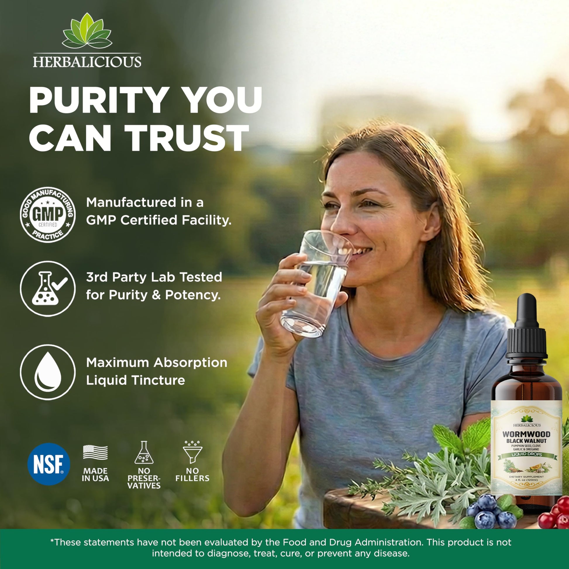 HEBRALICIOUS Wormwood Black Walnut Liquid Drops – Herbal Blend with Pumpkin Seed, Clove, Garlic & Oregano Oil – Alcohol Free Herbal Tincture – Liquid Dietary Supplement, 4 fl oz (120ml) HERBALICIOUSBuy Supplements Australia